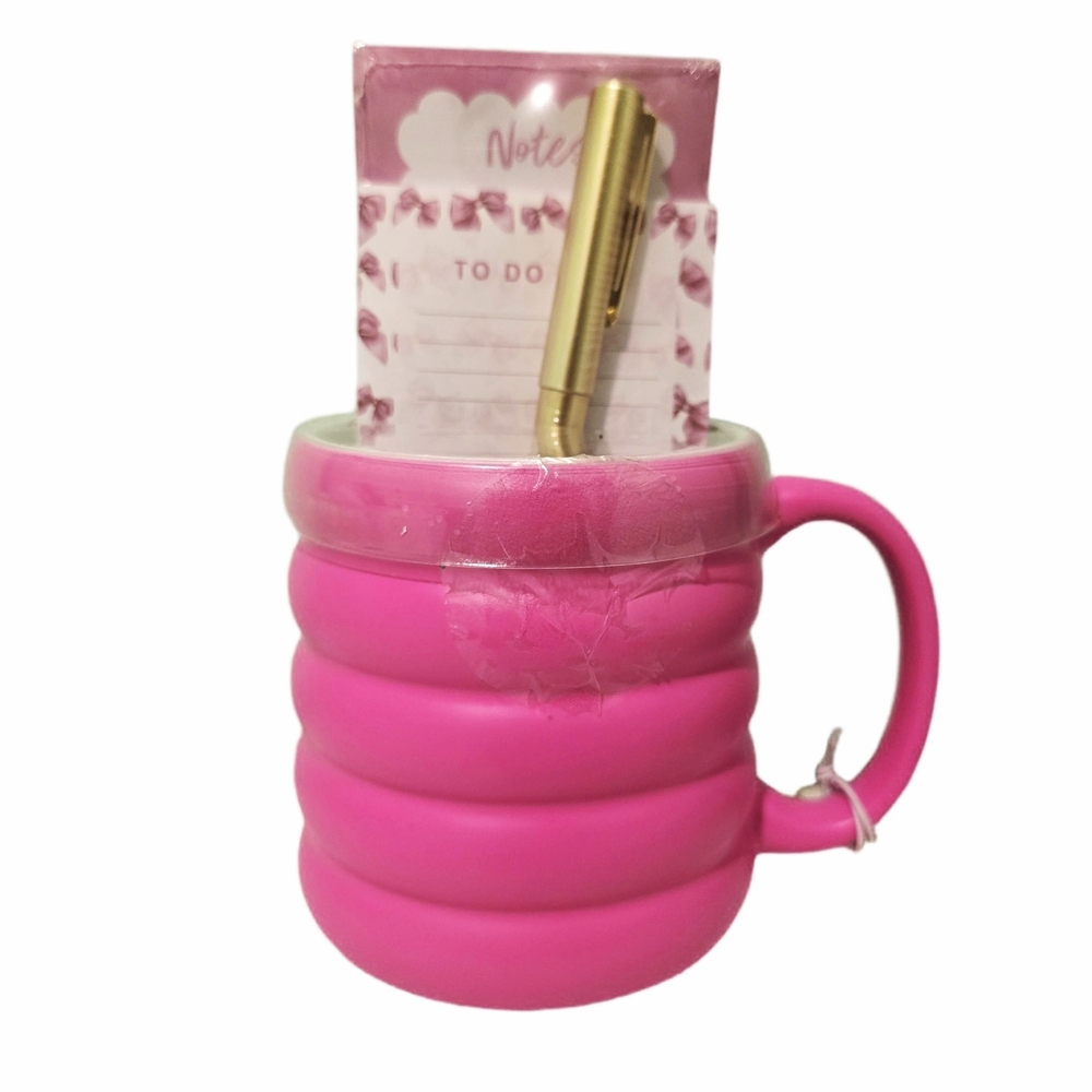 Pink Bubble Mug with Gold Pen and Notepad Set